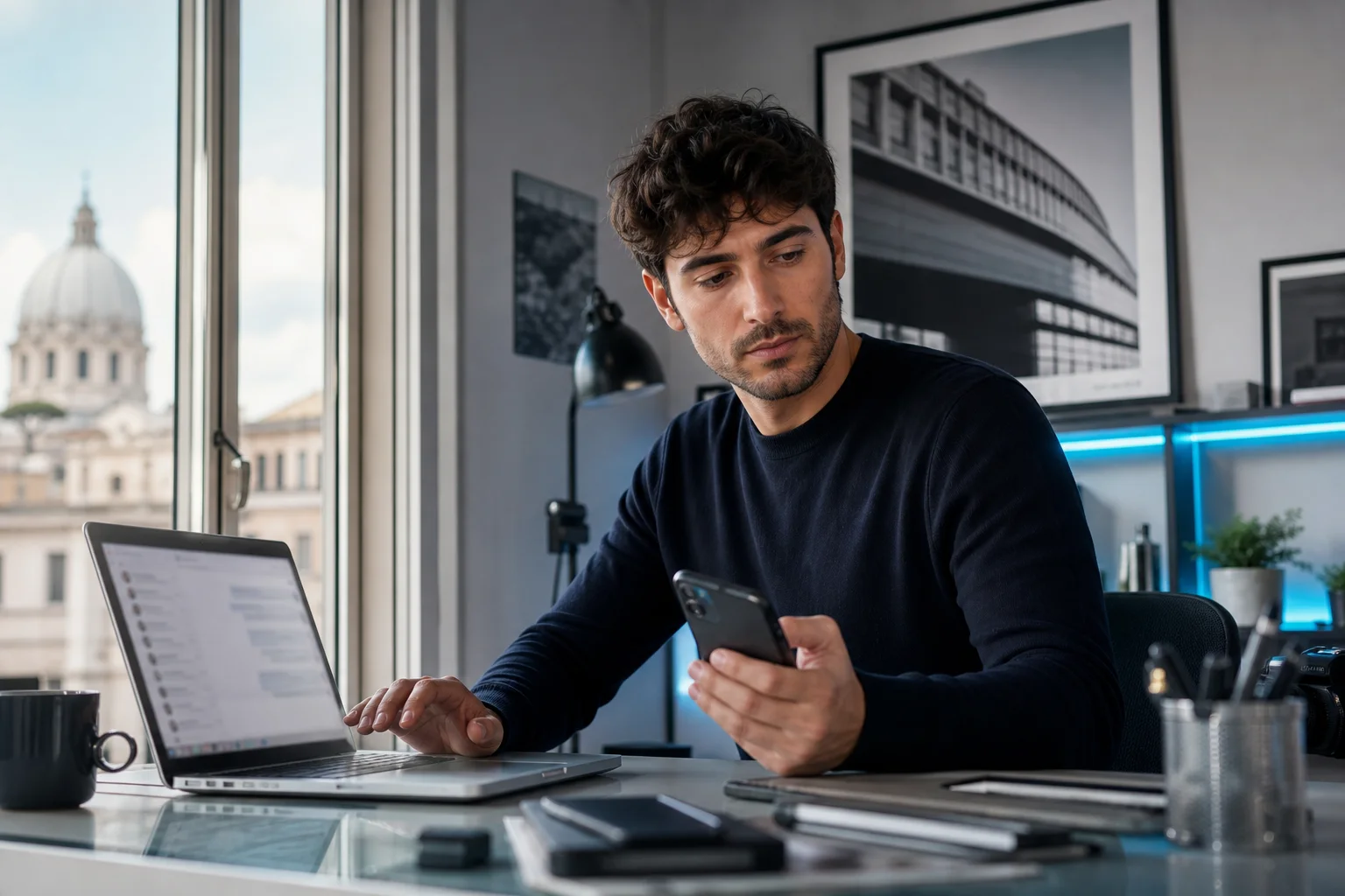 Creator adulto gestisce community e conversazioni da laptop e smartphone