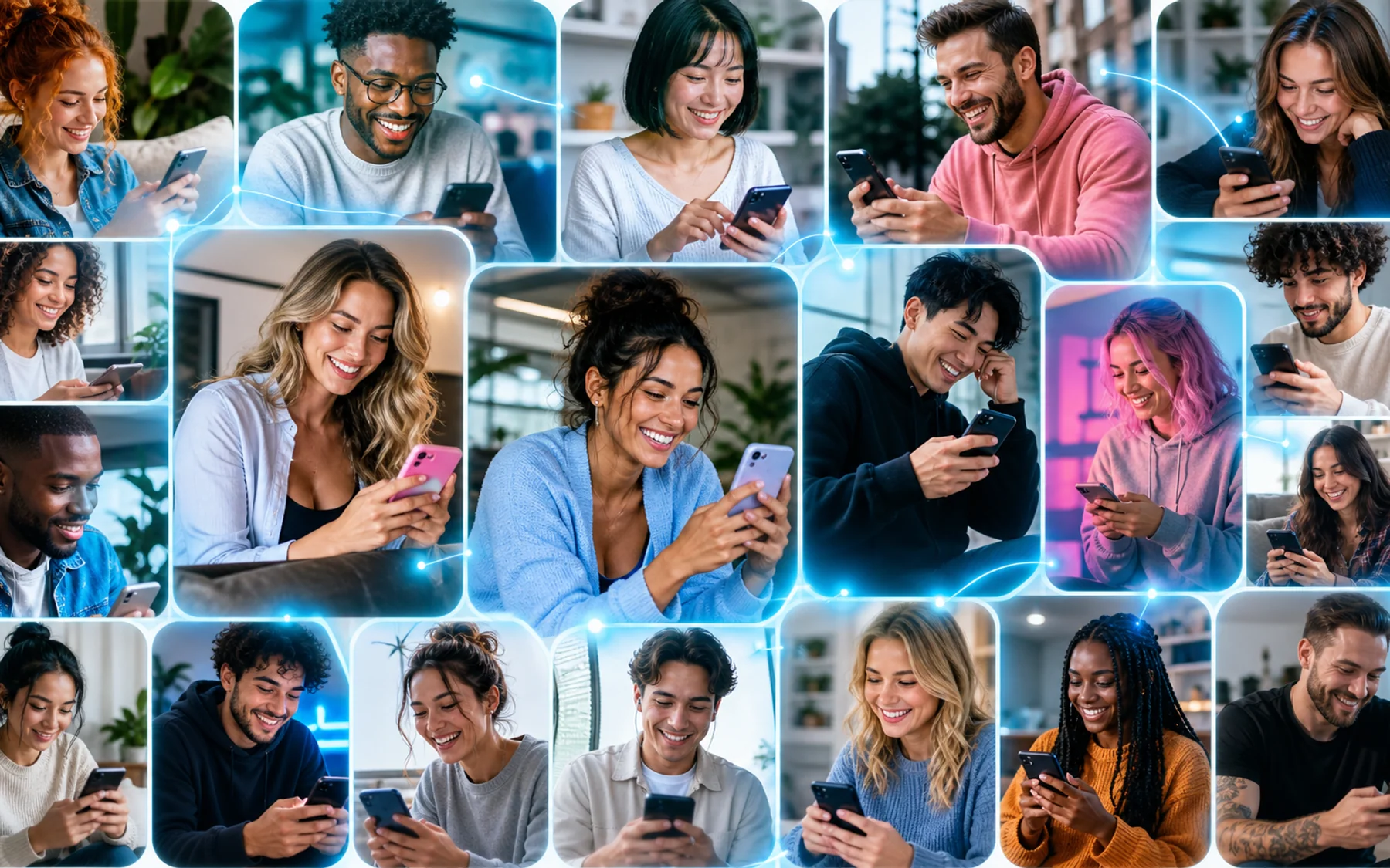 Mosaico pop di persone adulte connesse attraverso i messaggi